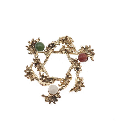 Wells 925 Sterling Gold Plated Vintage Real Jade Moonstone Rhodonite Pin Brooch