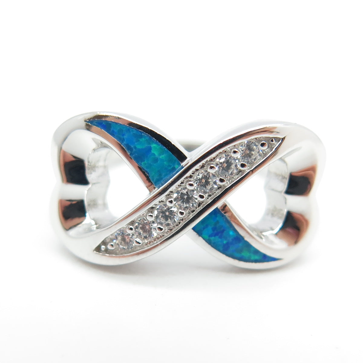 925 Sterling Silver Real Opal & Round-Cut C Z Infinity Heart Ring Size 5