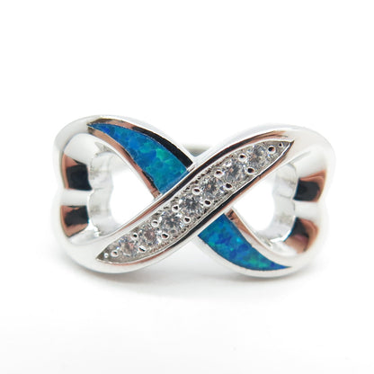 925 Sterling Silver Real Opal & Round-Cut C Z Infinity Heart Ring Size 5