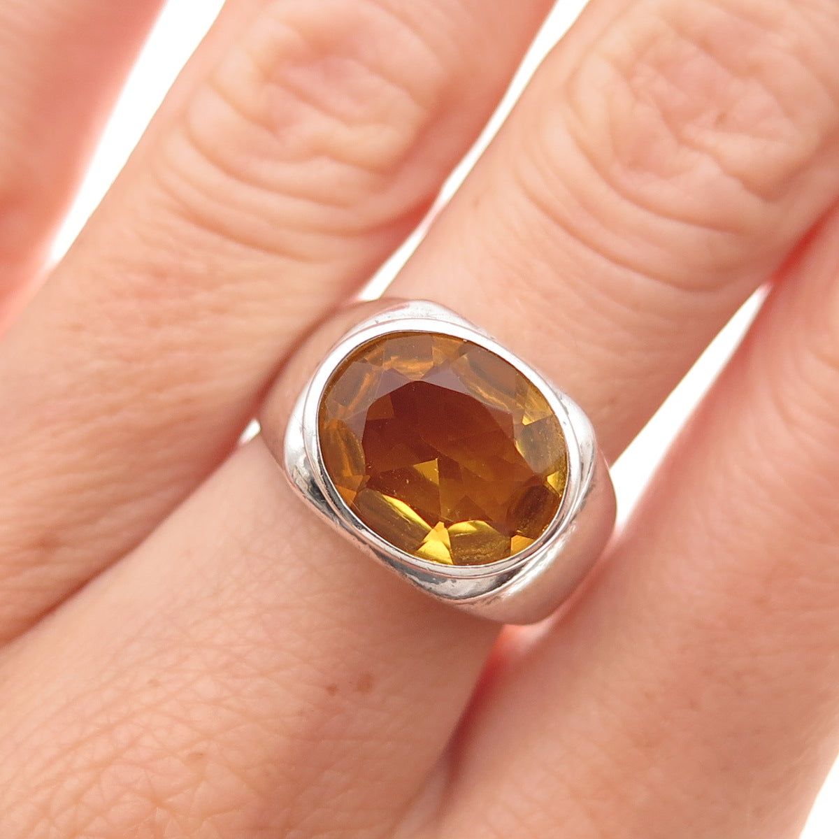 925 Sterling Silver Vintage Real Citrine Modernist Oxidized Ring Size 7.25