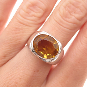 925 Sterling Silver Vintage Real Citrine Modernist Oxidized Ring Size 7.25