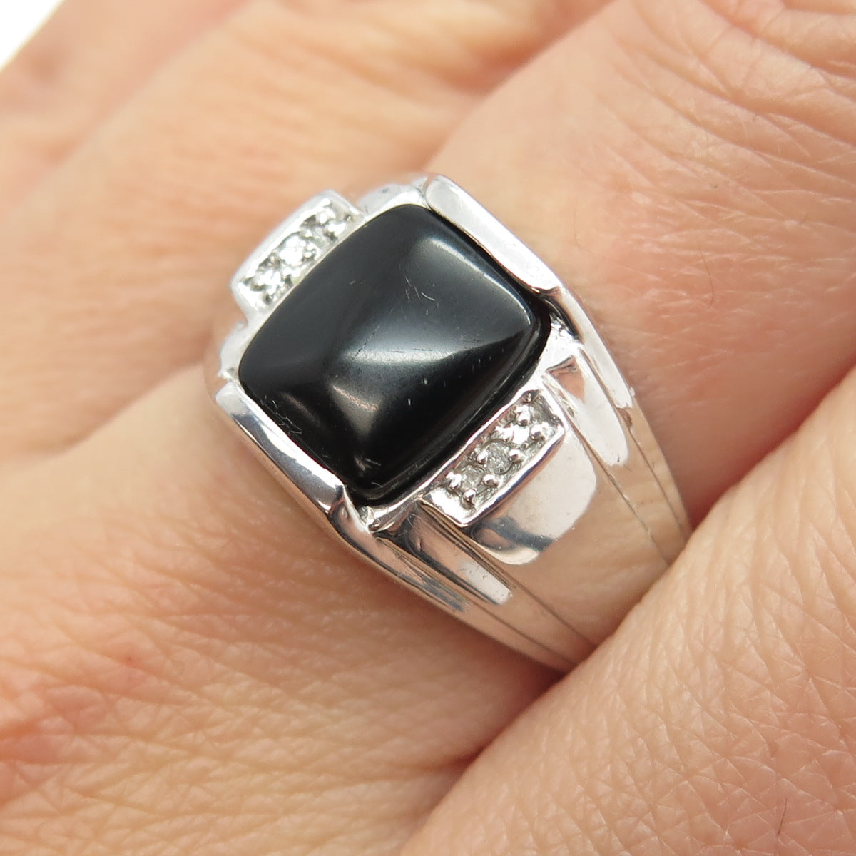 925 Sterling Silver Real Round-Cut Diamond & Black Onyx Ring Size 8.75