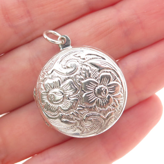 925 Sterling Silver Vintage Floral Repousse Round Locket Charm Pendant