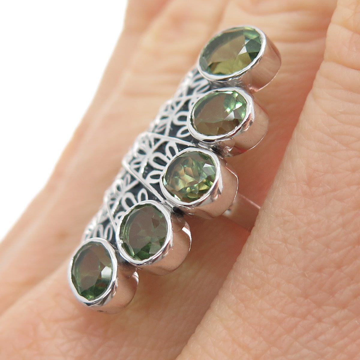 SAJEN 925 Sterling Silver Vintage Real Peridot Oxidized Wing Overlap Ring Size 7