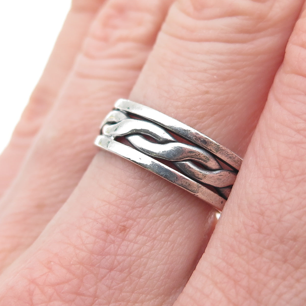 925 Sterling Silver Vintage Mexico Woven Oxidized Band Ring Size 7