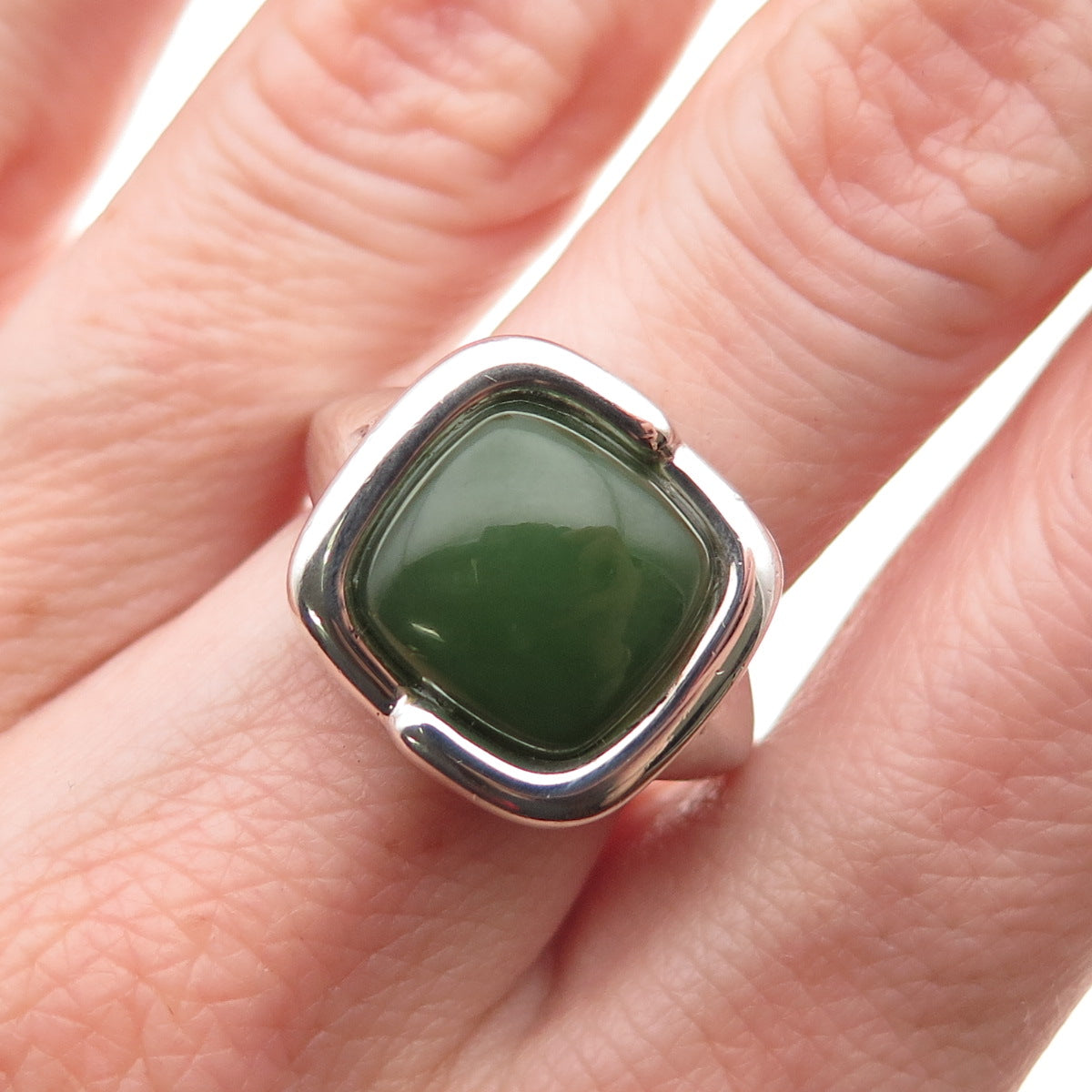 Michelle Albala 925 Sterling Silver Vintage Real Jade Modernist Ring Size 7