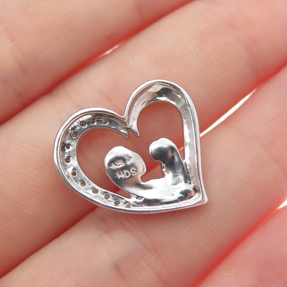 925 Sterling Silver Real Diamond Mom & Child Heart Minimalist Slide Pendant