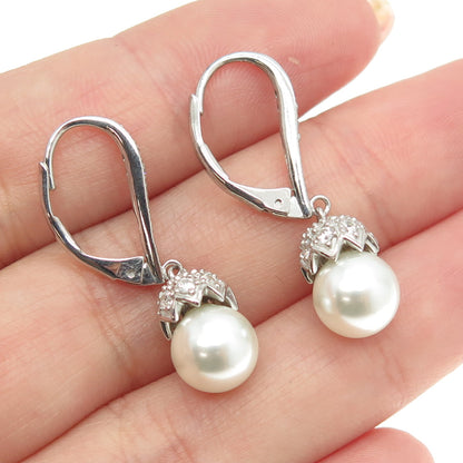 925 Sterling Silver Real Pearl & Round-Cut C Z Teardrop Dangling Earrings