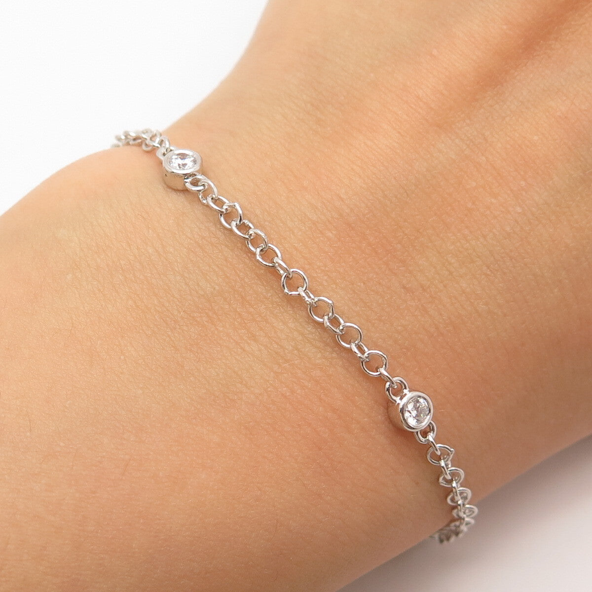 925 Sterling Silver Round-Cut C Z Rolo Link Bracelet 9.25"