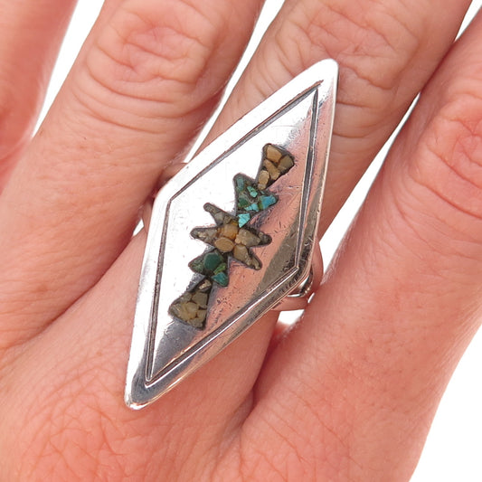 P. K. Work Old Pawn Sterling Silver Vintage Turquoise Coral Inlay Ring Size 7.5