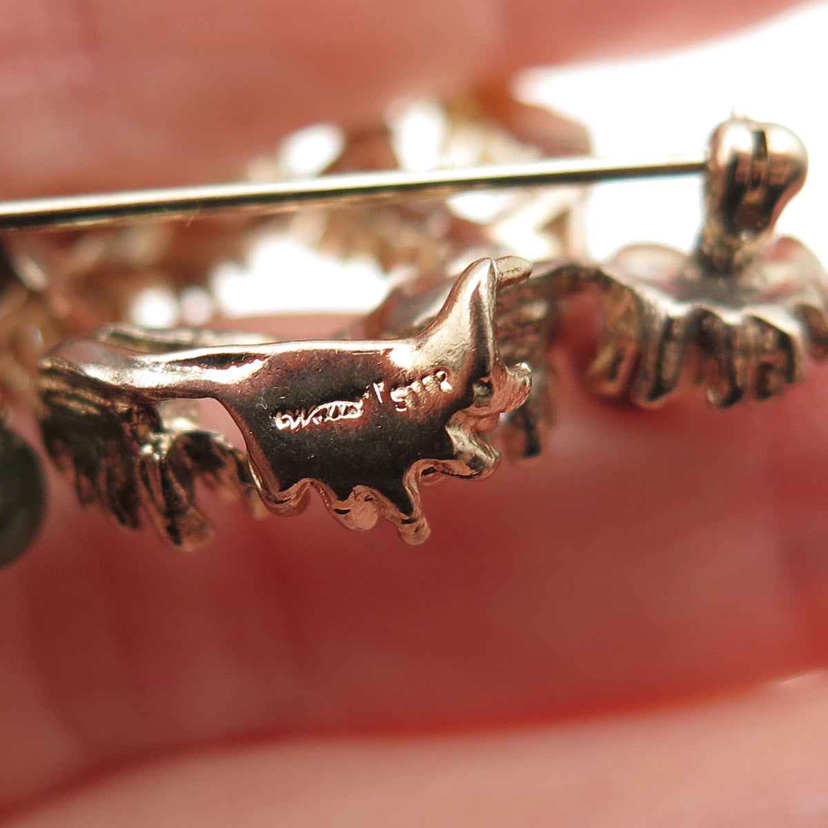 Wells 925 Sterling Gold Plated Vintage Real Jade Moonstone Rhodonite Pin Brooch