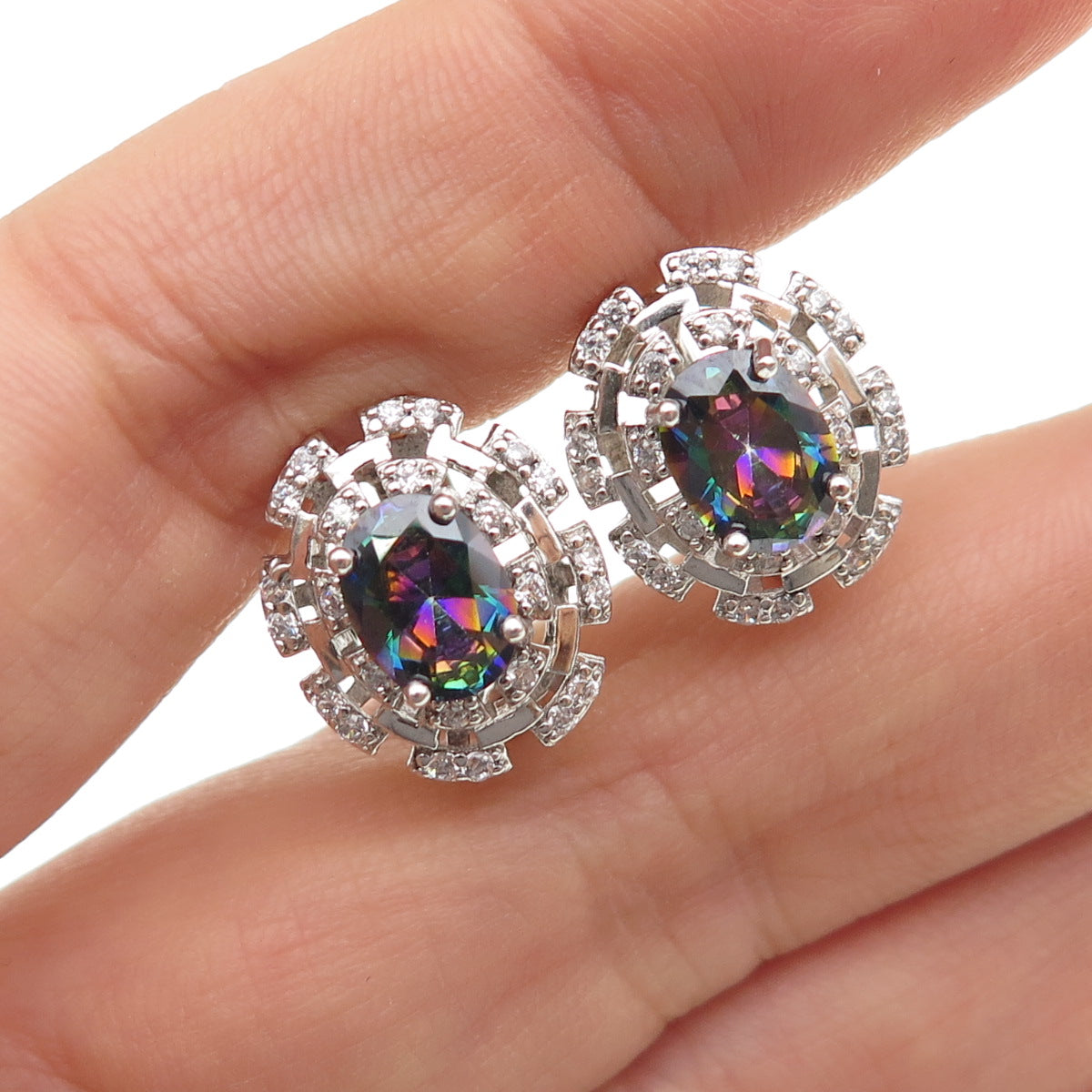 925 Sterling Silver Real Oval-Cut Mystic Quartz & Round-Cut C Z Earrings