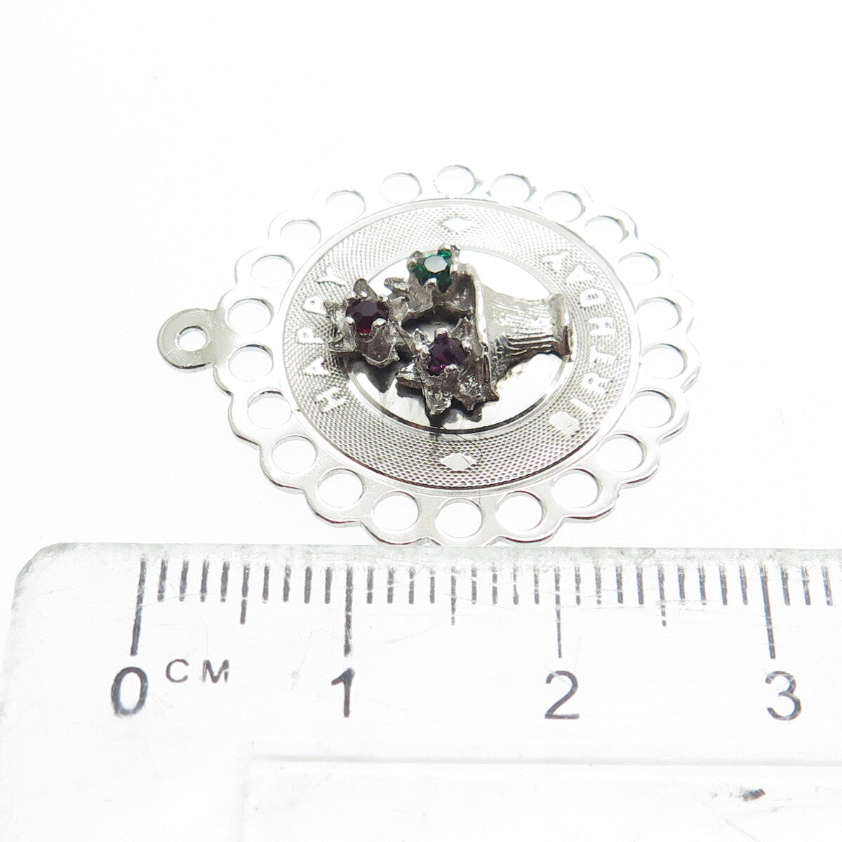 TOWN & COUTRY 925 Sterling Vintage Rhinestone "Happy Birthday" Flower Pendant