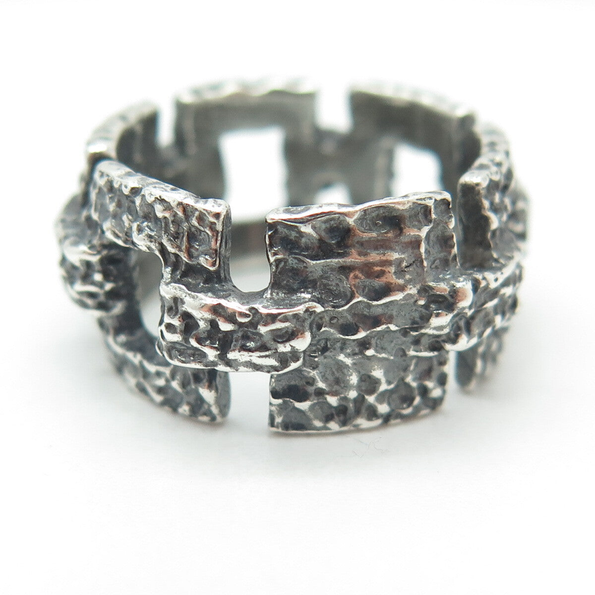 925 Sterling Silver Vintage Nugget Panel Link Oxidized Ring Size 6