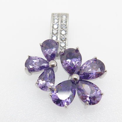 925 Sterling Silver Purple & White C Z Floral Pendant