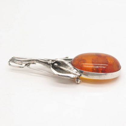 925 Sterling Silver Vintage Graciana Real Amber Floral Leaf Pin Brooch