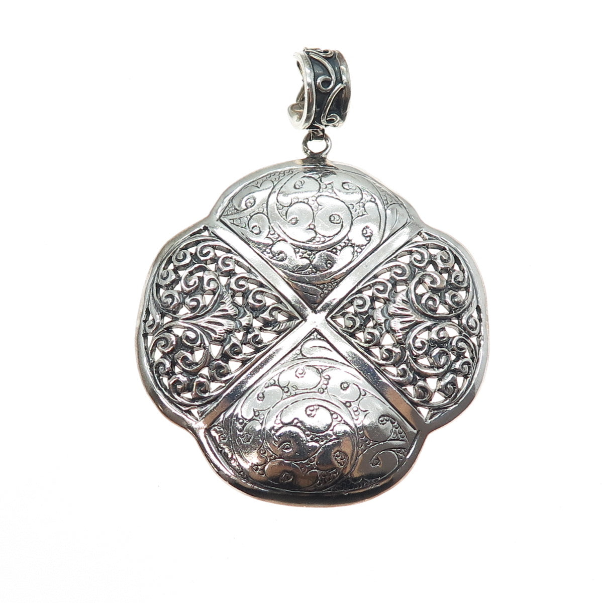 925 Sterling Silver Vintage Engraved Flower Ornate Oxidized Large Pendant