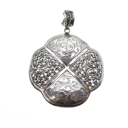 925 Sterling Silver Vintage Engraved Flower Ornate Oxidized Large Pendant