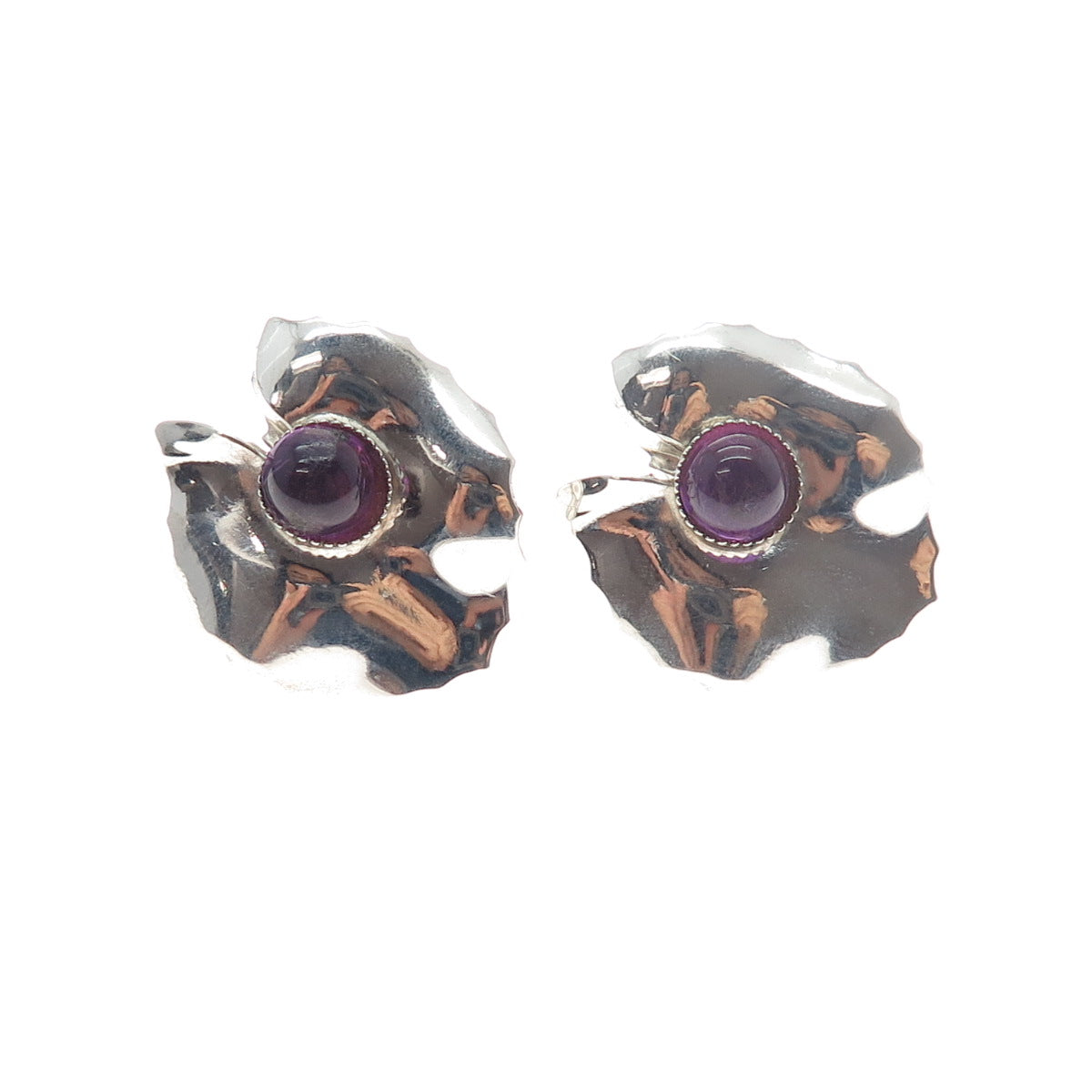 925 Sterling Silver Antique Art Deco Real Amethyst Floral Screw Back Earrings