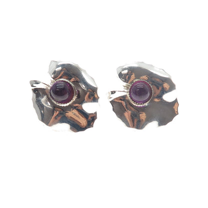 925 Sterling Silver Antique Art Deco Real Amethyst Floral Screw Back Earrings