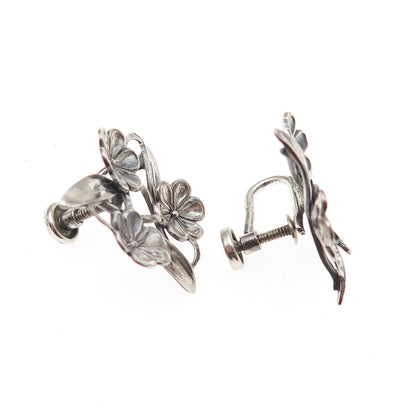 BEAU 925 Sterling Silver Antique Art Deco Flower Oxidized Screw Back Earrings