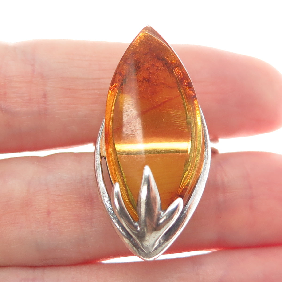 925 Sterling Silver Vintage Real Amber Modernist Adjustable Ring Size 9.75