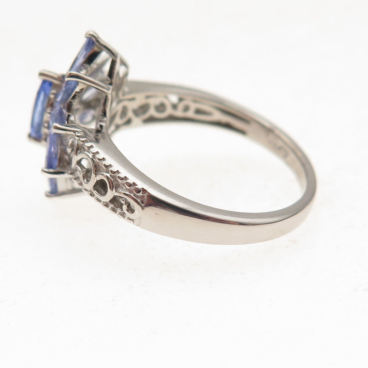 D'Joy 925 Sterling Silver Real Marquise-Cut Tanzanite Floral Ring Size 8.25