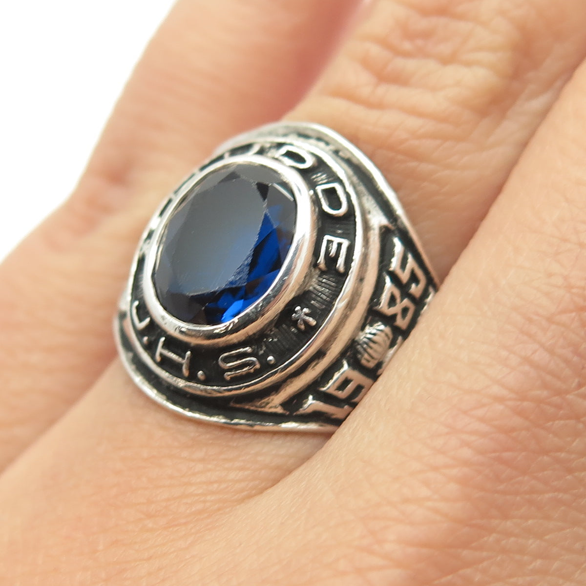 REED & CO Sterling Silver Vintage Lab-Sapphire Hudde 1985 School Ring Size 6.75