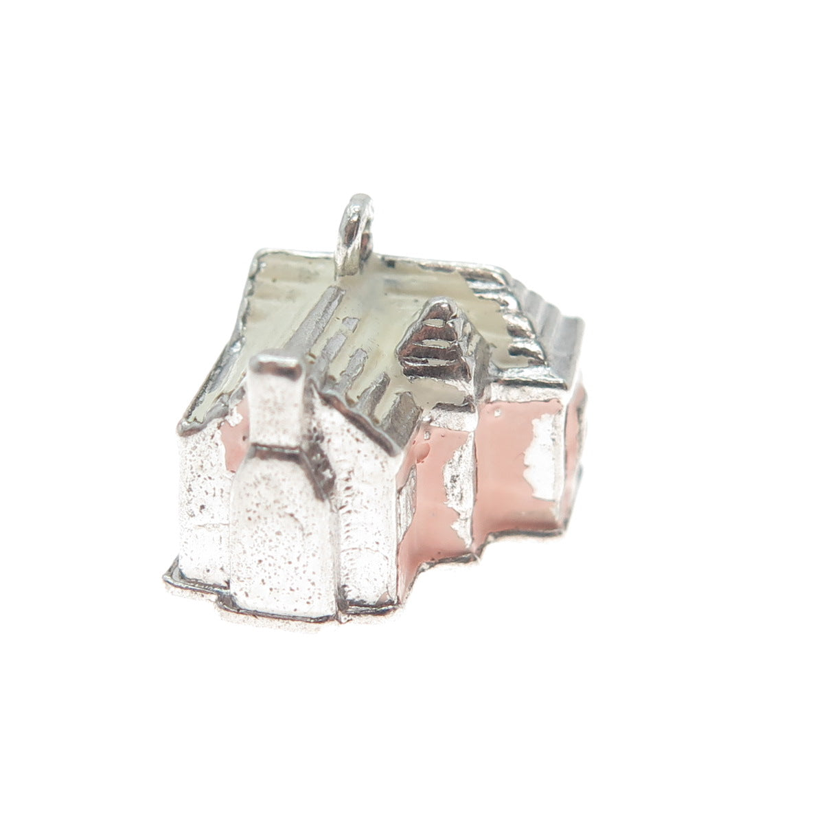 WELLS 925 Sterling Silver Antique Enamel Old Church Minimalist 3D Charm Pendant