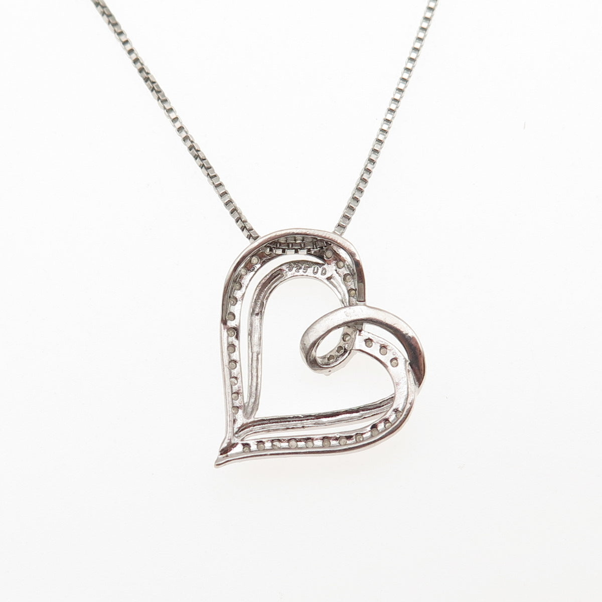 925 Sterling Silver Real Round-Cut Diamond Heart Box Chain Necklace 18"