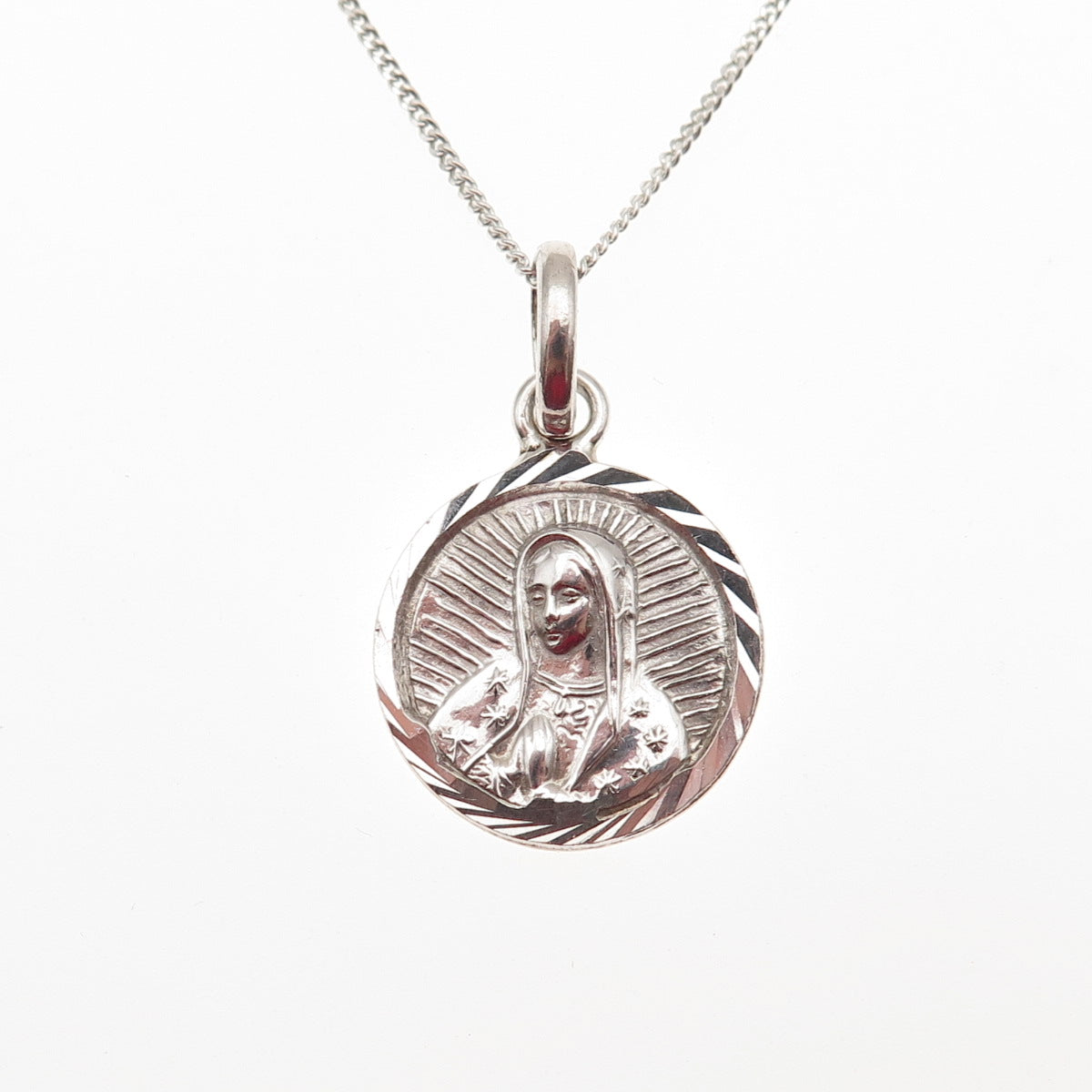 925 Sterling Silver Vintage Mexico St. Mary Pendant Cuban Chain Necklace 18"