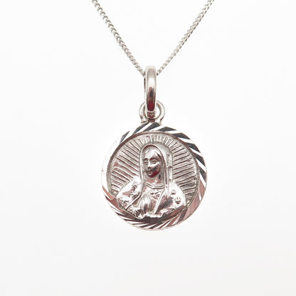 925 Sterling Silver Vintage Mexico St. Mary Pendant Cuban Chain Necklace 18"