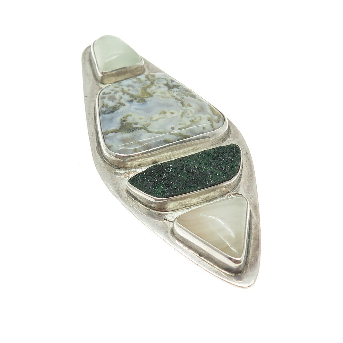 Old Pawn 925 Sterling Silver Vintage MLS Agate Druzy & Chalcedony Tribal Pendant