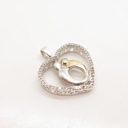 925 Sterling Silver / 10K Gold Real Diamond Mother & Baby Heart Pendant