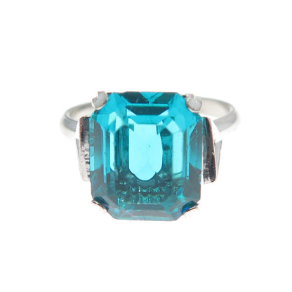 925 Sterling Silver Antique Art Deco Emerald-Cut Blue Glass Ring Size 7