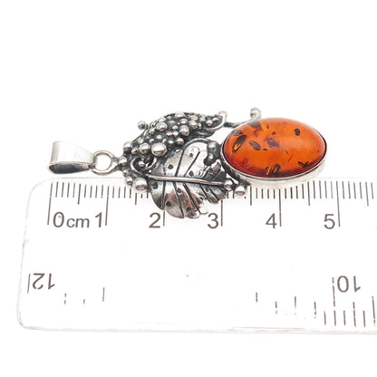 925 Sterling Silver Vintage Real Amber Grape Floral Oxidized Charm Pendant