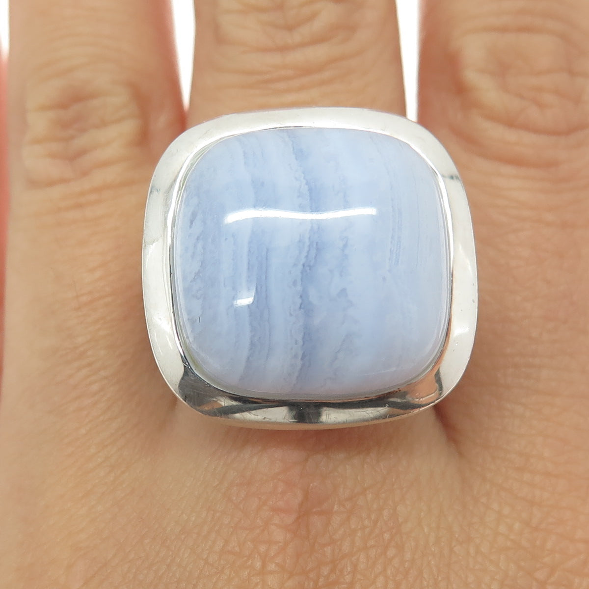 925 Sterling Silver Vintage Real Blue Lace Agate Ring Size 10.25