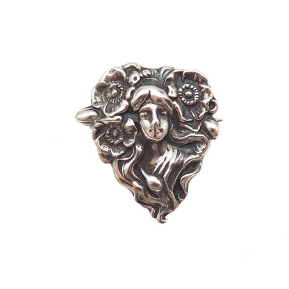 A.S. Co. 925 Sterling Silver Antique Art Deco Floral Lady Oxidized Pin Brooch