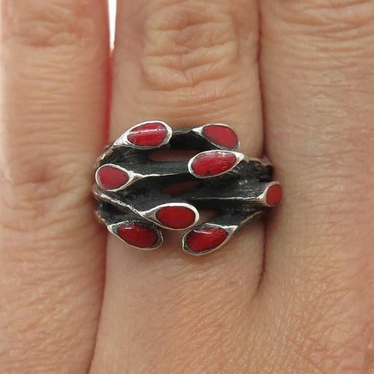 925 Sterling Silver Vintage Real Coral Modernist Oxidized Ring Size 5.5