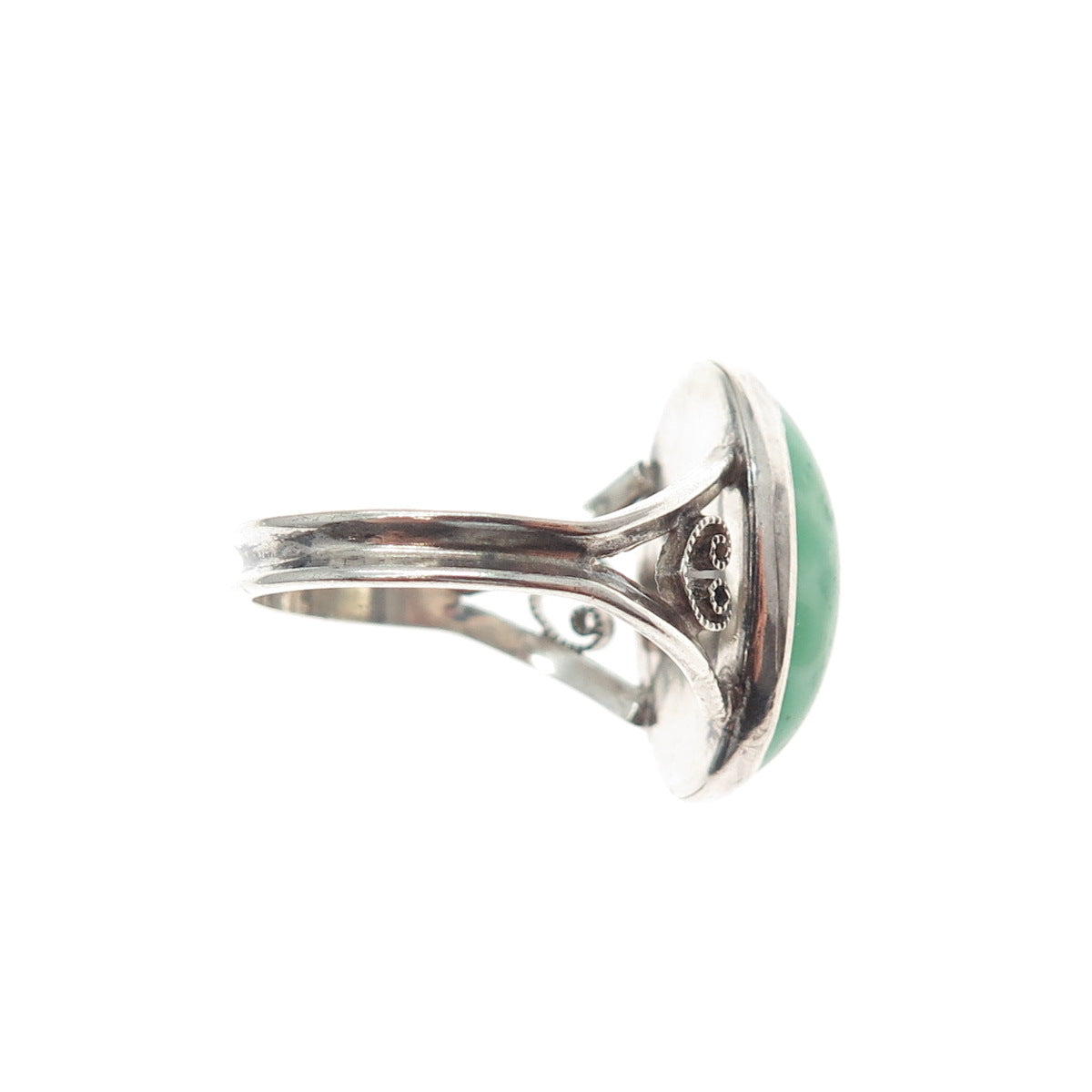 925 Sterling Silver Antique Art Deco Green Glass Filigree Heart Ring Size 5.75