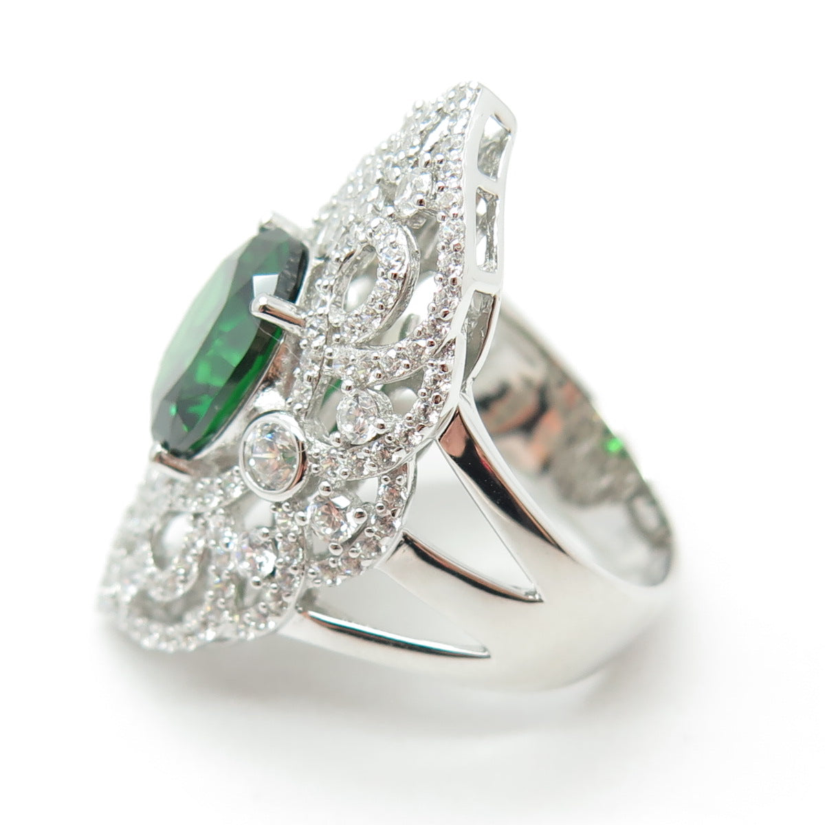925 Sterling Silver Nano Emerald & Round-Cut C Z Ring Size 8