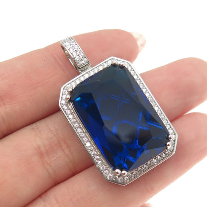 925 Sterling Silver Radiant-Cut Blue Glass & Round-Cut C Z Pendant