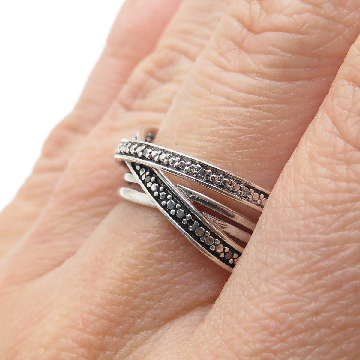 925 Sterling Silver Real Round-Cut Black & White Diamond Crisscross Ring Size 7