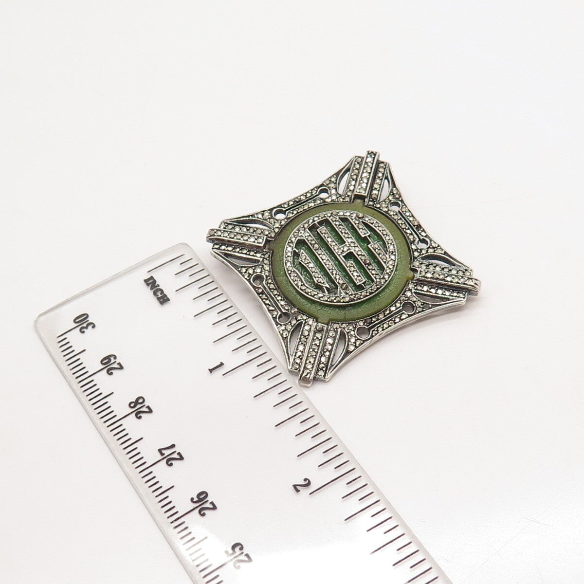 925 Sterling Silver Antique Real Marcasite Gem & Glass Pin Brooch