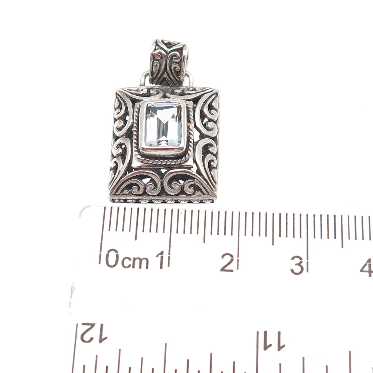 925 Sterling Silver Vintage Real Blue Topaz Floral Ornate Oxidized Charm Pendant