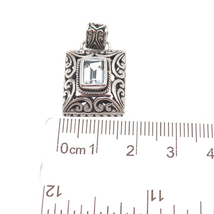 925 Sterling Silver Vintage Real Blue Topaz Floral Ornate Oxidized Charm Pendant