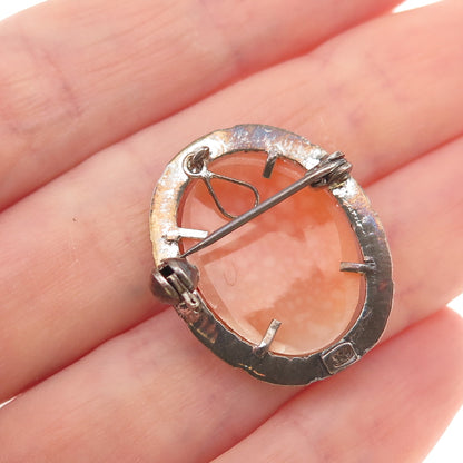 800 Silver Vintage Real MOP Carved Lady Cameo Pin Brooch / Pendant