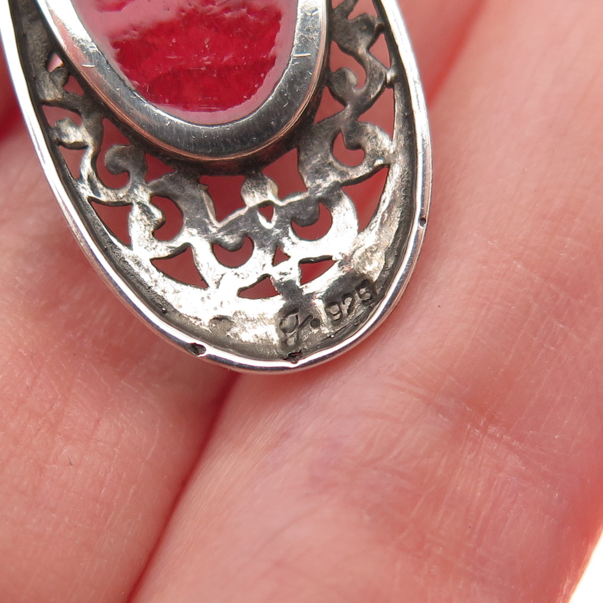 Samuel Benham 925 Sterling Silver Vintage Real Jasper Ornate Teardrop Earrings