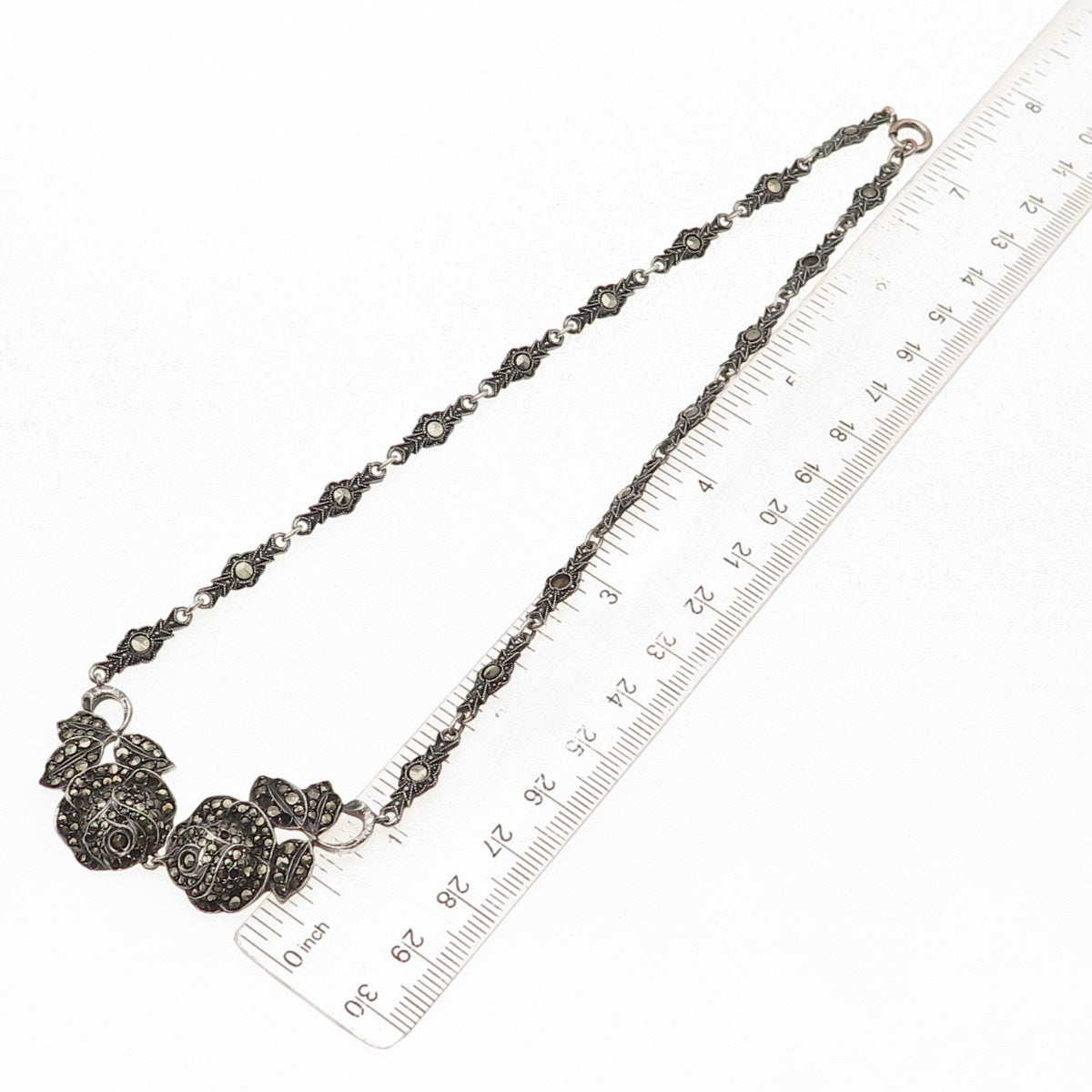 925 Sterling Antique Germany Marcasite Rose Necklace 16" (missing 19 stones)