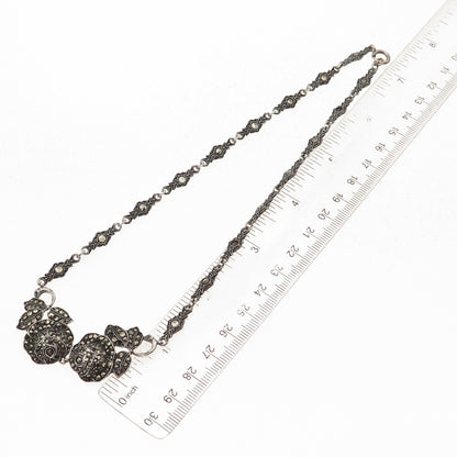925 Sterling Antique Germany Marcasite Rose Necklace 16" (missing 19 stones)